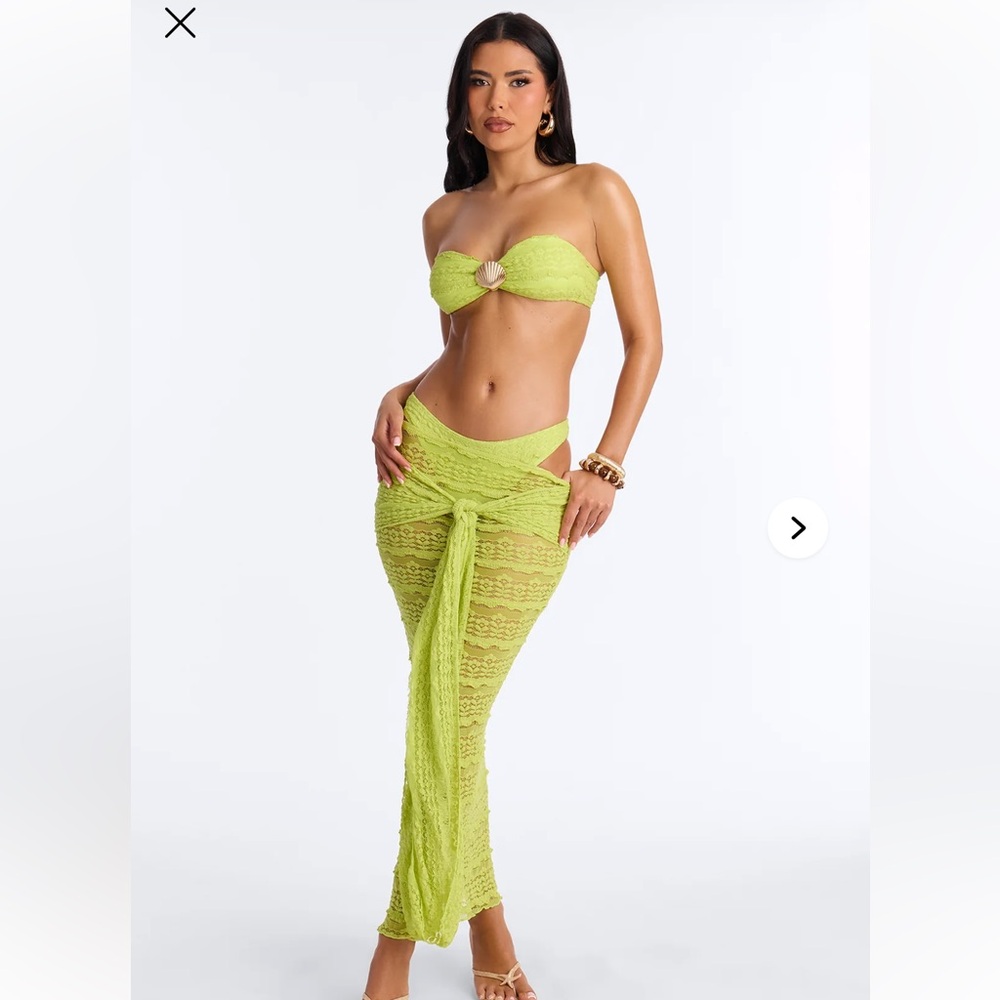 Fashion Nova Lime Green Lace Bandeau Bikini Set with Skirt